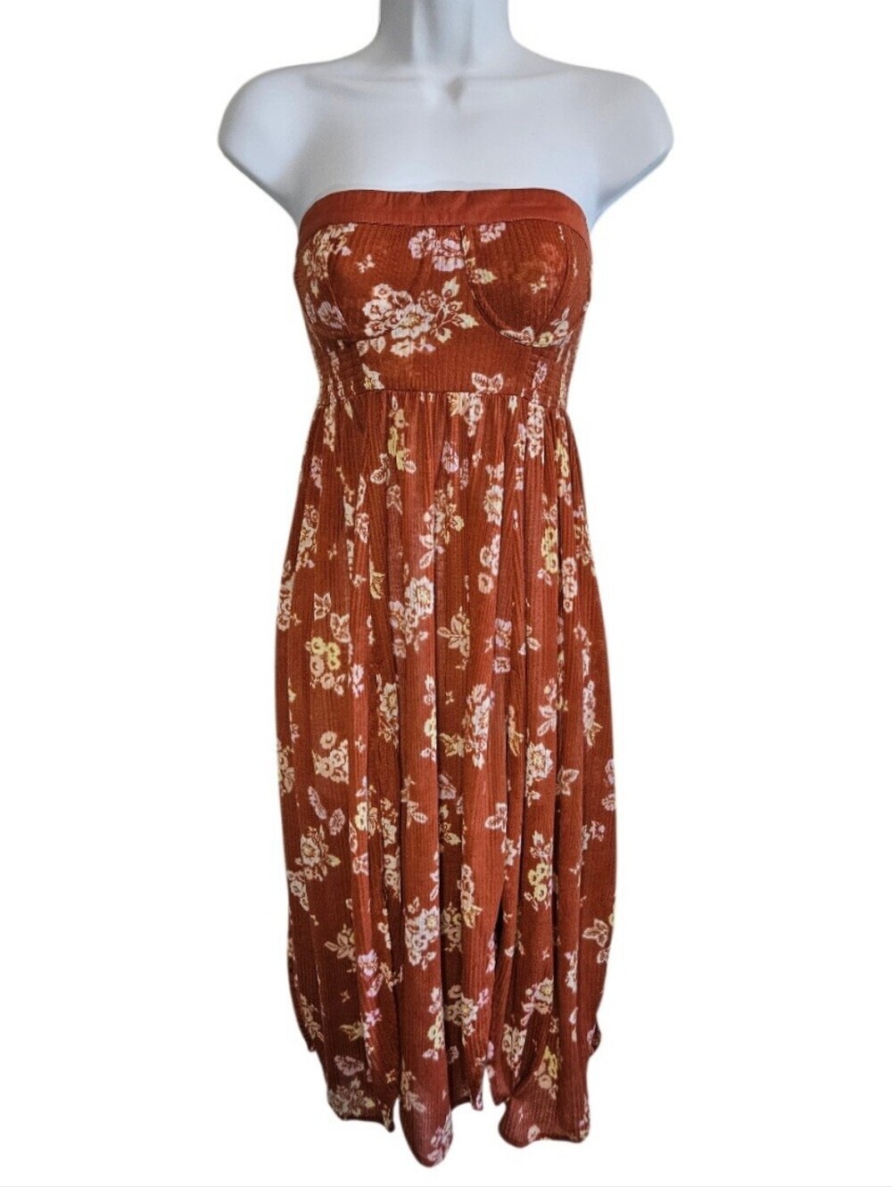 0085 Free People Maxi Tunic Dress Boho Layering Strapless Rust Orange Floral XS